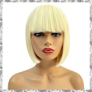 (DKCZ) Role-Playing Wig Flat Bangs Blonde Short Straight Hair 10 Inch Wig Fashion Multifunctional El