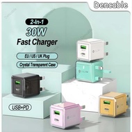 Dual Port 30W Fast Charger USB+Type-C Crystal Transparent Case Wall Charging Head High Power Output 