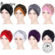 BSUNSTORE Turban Hat Women Headscarf Glitter Sequins Hijab Chemo Cap