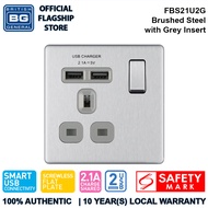 British General (FBS21U2G) Screwless Flat Plate 13A Switched Single Socket with USB Charger, 13A, 1 gang SP, switched +