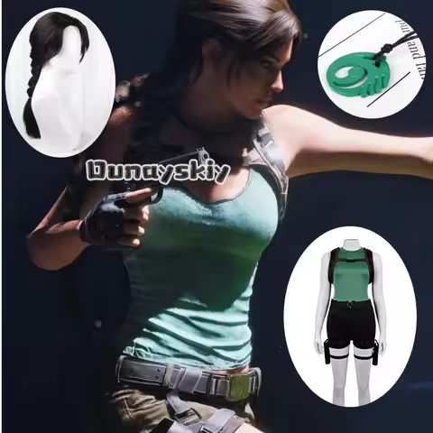 Lara Croft Cosplay Costume Wig Full Set Green Vest Outfit Shorts Belt Bag Black Shorts with Holsters