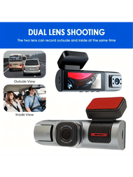 汽車行車紀錄器，雙鏡頭，前鏡頭和內鏡頭，具有IR夜視功能，循環錄製，廣角汽車DVR攝像機，3.16英寸IPS螢幕，雙鏡頭汽車儀錶板視頻攝像機