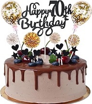 Cnrose Cake Decoration Man Women 70th Birthday Hello 70 Cake Topper Black Gold with Heart Star Ballo