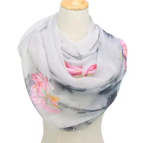 Fashion Women Ultra Thin Long Chiffon Flower Print Silk Scarves Spring Polyester Lotus Pattern Soft 