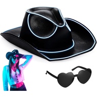 Hercicy LED Light Cowgirl Hat and Heart Glasses Holographic Shiny Hat for Women Space Cowgirl Outfit