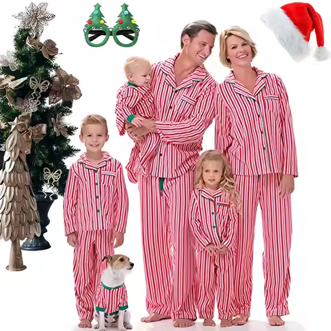 Fashion Cotton Whole Family Matching Christmas Pajamas Set Mother Kids Baby Stripe Print Loungewear 