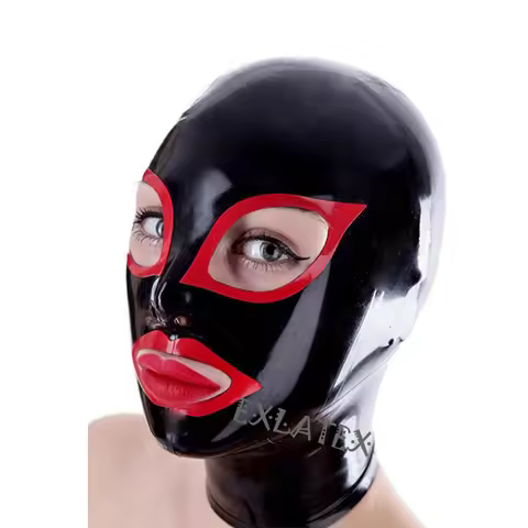 Latex Hood Unisex Latex Mask Fetish Bondage Mask Hood with Red Eyes and Mouth Trim Mask bdsm Hood