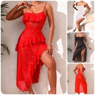 感闪片多层荷叶边睡裙女士深V透视网纱吊带裙886Glittering Multi-Layer Ruffled Nightgown Women's Deep V Transparent efsffqq2