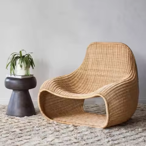 Modern handwoven rattan lounge chair, natural willow strip lounge chair