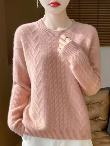 Women's Thickened 100% Pure Wool O-neck Twist Flower Pullover Knitted Swearter For Autumn Winter Und
