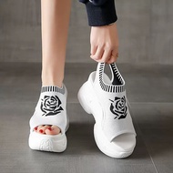 WYN Wedges sandals Rose Flower tINGGI 9Cm Sandal Wanita Casual Black White Fashion Korea WG8077