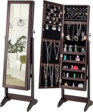 YOKUKINA Mirror Jewelry Organizer, Free Standing Cabinet Armoire with Jewelry Storage Makeup full length mirror, Wall Mount/ Over the Door Lockable Large Storage Armoire(Brown)