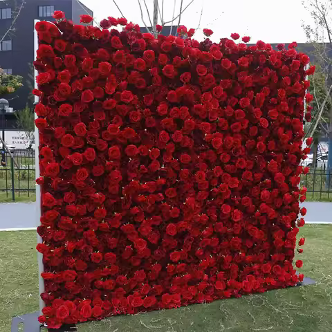 2.4m/8ft Flower Wall 5D Cheap Red Rose Artificial Burgundy Fabric Cloth Roll Up Floral Wall Wedding 
