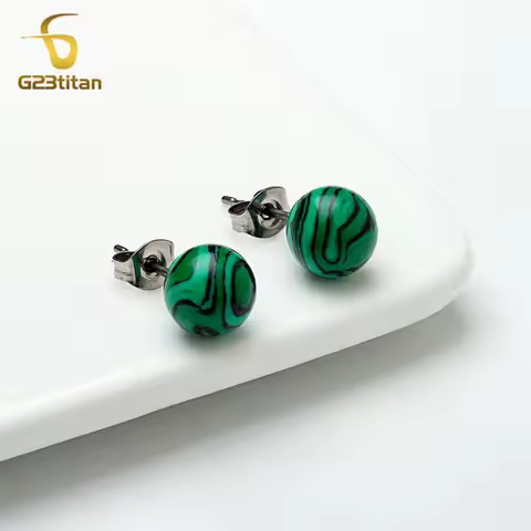 Charming Malachite Stone Earrings 6mm 8mm Green Ball Ear Studs Hypoallergenic Titanium Earings for W