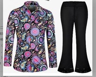 Mens 70s Disco Vintage Floral Shirt And Bell Bottom Pants Stage Performance Outfit Two Piece Set Eth
