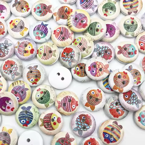 100 pcs Fish 2 Holes Wood Buttons Craft Scrapbooking Sewing Clothing Accessories 15mm Buttons Painte