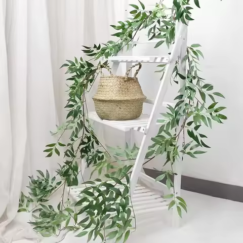 2PCS Artificial Willow Leaves Vines Twigs Fake Silk Hanging Plant Greenery Garland String for Weddin