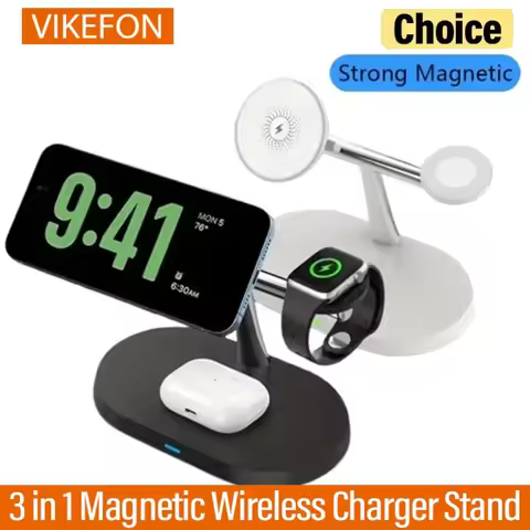 15W Magnetic 3-in-1 Wireless Charger Fast Charging Stand for Smartphone Smartwatch & Wireless Earbud
