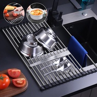 Hittime Foldable Stainless Steel Dish Drainer Roll Up Dish Drying Rack Shelf Kitchen Sink Holder Tray Organizer Bowl Tableware Plate Storage