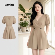 Lovito Jumpsuit Santai Wanita Musim Bunga/Panas Khaki Berlipat Butang L142ED633