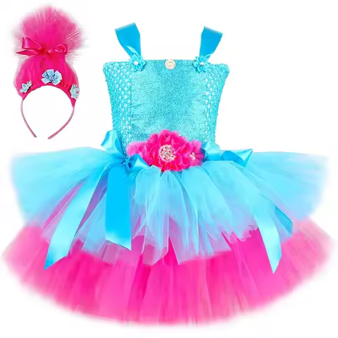 Poppy Trolls Tutu Dress Costume for Girls Birthday Party Princess Dress Up Clothes Toddler Kids Hall