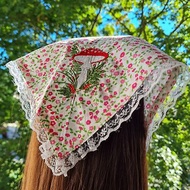 Mushroom embroidered bandana cotton, triangle head scarf with ties and lace