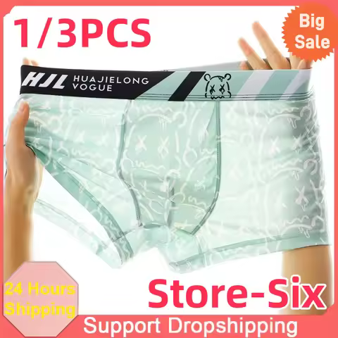 1/3PCS Men's Boxers Fashion Bear Printed Panties Mid Waist Slimming Breathable Ice Silk Thin U Conve