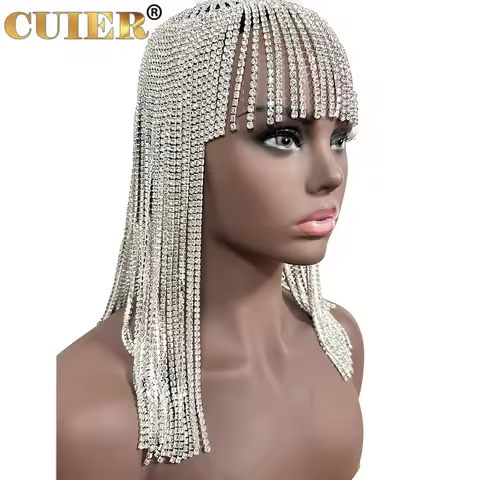 CUIER 38cm Length SS18 4mm Dense Rhinestone Chain Mesh Headpiece Wedding Head Jewelry for Women Crys