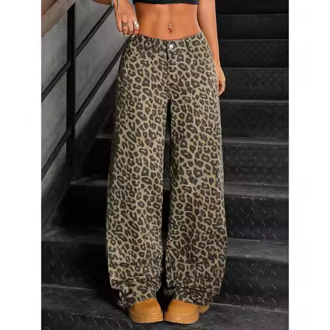 Female Retro Designer Straight Leg Jeans Pants Lady Fashion High Waist Denim Pants Women Leopard Pri