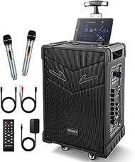 GEYGUY Portable PA System,Karaoke Machine,3-Way 10'' Outdoor Speaker,,Rechargeable Bluetooth 5.0 with Wireless Crystal mic,LED Lights Support Guitar/USB/TWS/FM