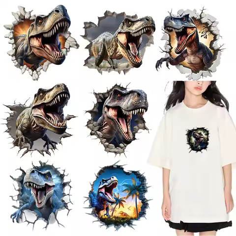 Dinosaurs Break Through Holes and Emerge From Walls DTF Heat Transfer On Clothes Iron On Heat Transf
