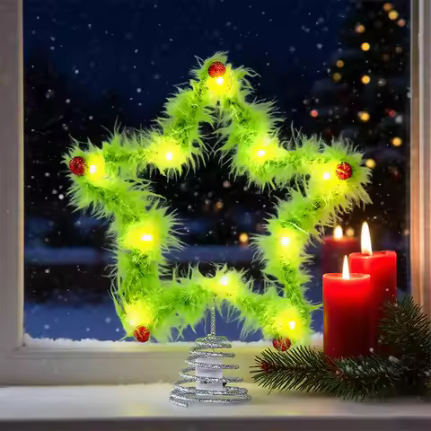 New Plush Grinch Star Christmas Tree Topper Decoration Green Glowing Plush Pentagram Decor Holiday P