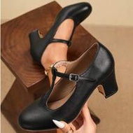 [MISS ROSIE]Women's Elegant Fashion High Heels Mary Jane Shoes T-Strap Round Toe Low Vamp Chunky Hee