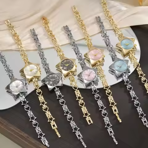 Creative Zinc Alloy Star Watch Y2k Charm Gold Silver Star Shape Bracelet Wristwatch Simple Chain Wat