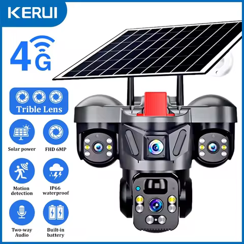 KERUI V380 Pro Outdoor PTZ 6MP WIFI 4G Solar Camera Home Security Triple Lens Camera Solar Panel CCT