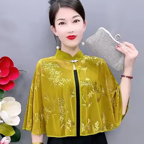 Cardigan Shawl Soft Shawl Cardigan Floral Print Mesh Cardigan Stylish Chinese Style Coat for Women f