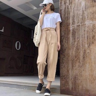 Qinyu Women Cotton Elastic Waist Loose  Wide Leg Pants Long Trousers Palazo Linen Apricot XXL
