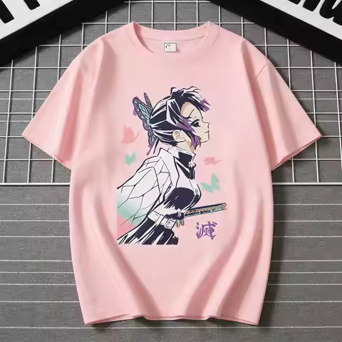 Women Anime Demon Slayer Kanae Kocho T Shirt Pink Cotton Casual Daily Wear Soft Graphic Otaku Fashio