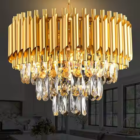 Modern Gold Crystal Chandelier, Luxury 3-Tier K9 Crystal Chandelier for Dining Room/Living Room/Kitc