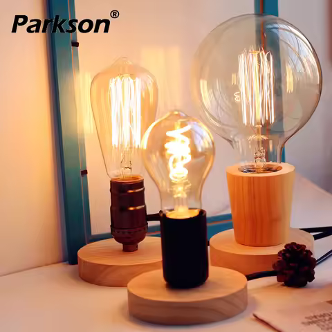 Vintage Lamp Holder E27 Socket 85-265V Lampholder LED Lamp Retro Wood Base Napkin Table Desk Lamp Ed