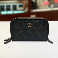 95%NEW 二手CHANEL短銀包/卡片套/ 黑色羊皮淡金拉鏈款@192開 #香榭站正品