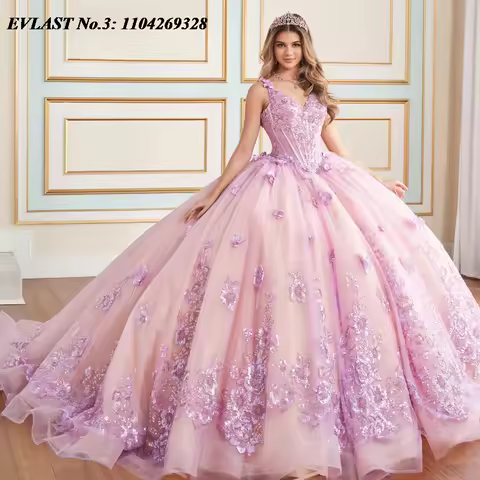 EVLAST Customized Shiny Pink Quinceanera Dress Ball Gown Lilac Lace Applique Beading Corset Sweet 16