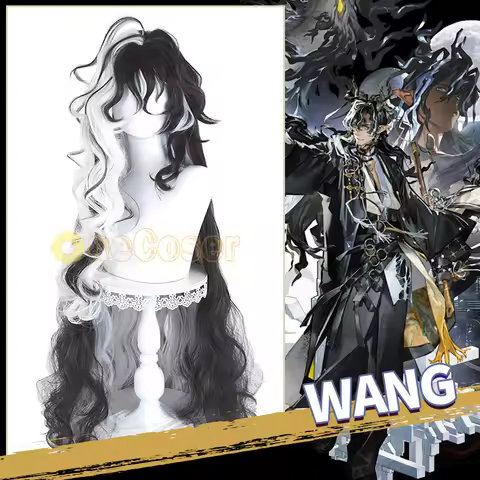 Wang Cosplay Wig Game Arknights Black and White Two-tone Long Curly Wavy Hair Half-up Bun with Ahoge