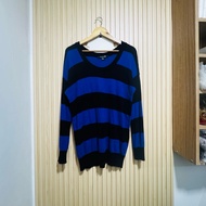 FOREVER 21 F21 STRIPED KNITTED VINTAGE PULLOVER SWEATSHIRT SHIRT LONG SLEEVE BLUE BLACK MEDIUM 22x29