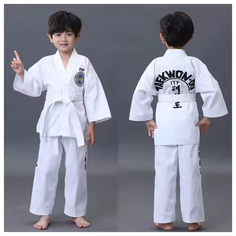 Light ITF Taekwondo Uniform TKD Dobok Whole Embroidery Cotton White Collar Martial Arts Student Figh