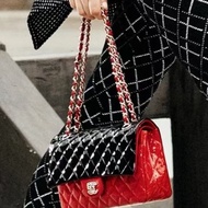 Chanel 紅黑拼色漆皮CF中號肩背包25×15×7 99新配件塵袋