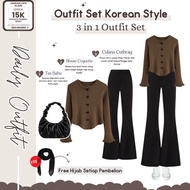 Modern Teenage Outfit Set | Coquette Blouse + Cutbray Pants + Shoulder Bag | Korean Style - DM17