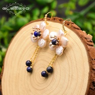 GLSEEVO Natural Baroque Pearl Flower Dangle Earrings For Women Wedding Lapis Lazuli Drop Earrings Luxury Fine Jewelry GE0797