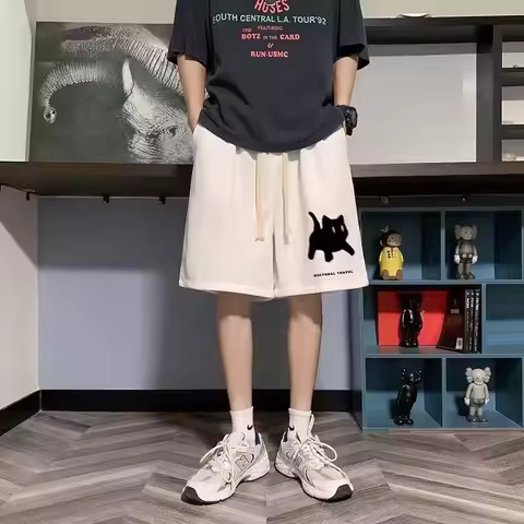 Drawstring Sports Pants M-8XL Summer Cropped Pants With Cat Print Suitable For Men's And Women's Cas
