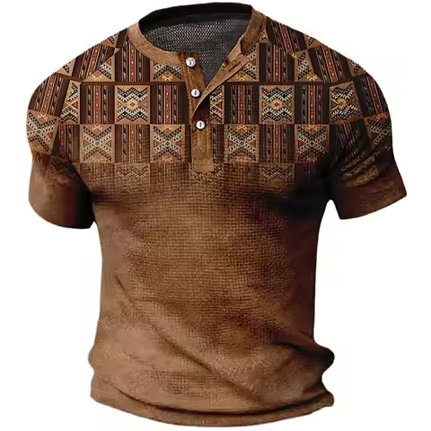 Summer Ethnic Style 3D Print Henley Shirts Men's Vintage Streetwear Button-Down Short Sleeve T Shirt